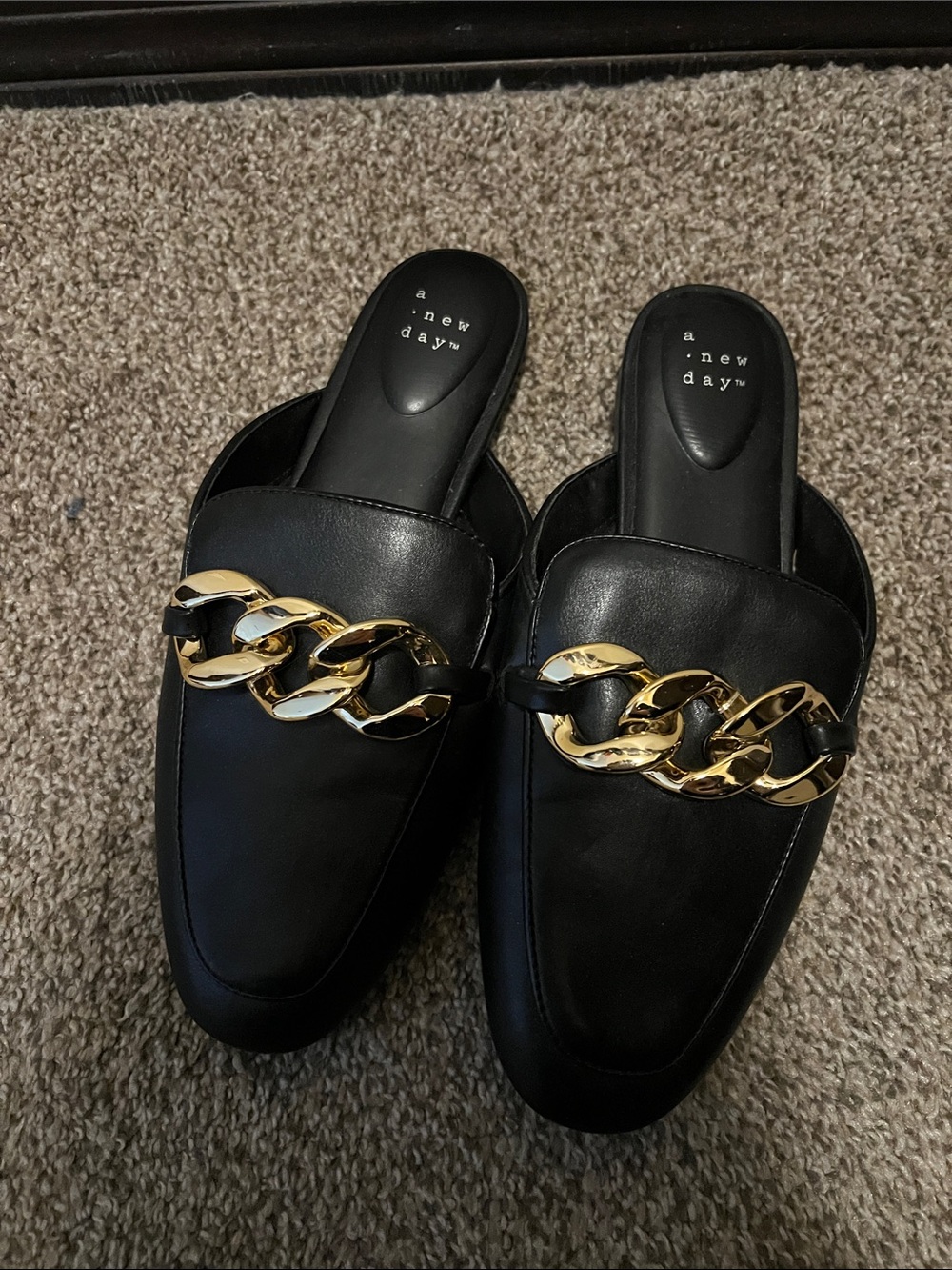 a new day Black Slide Mules with Gold Chain Accent